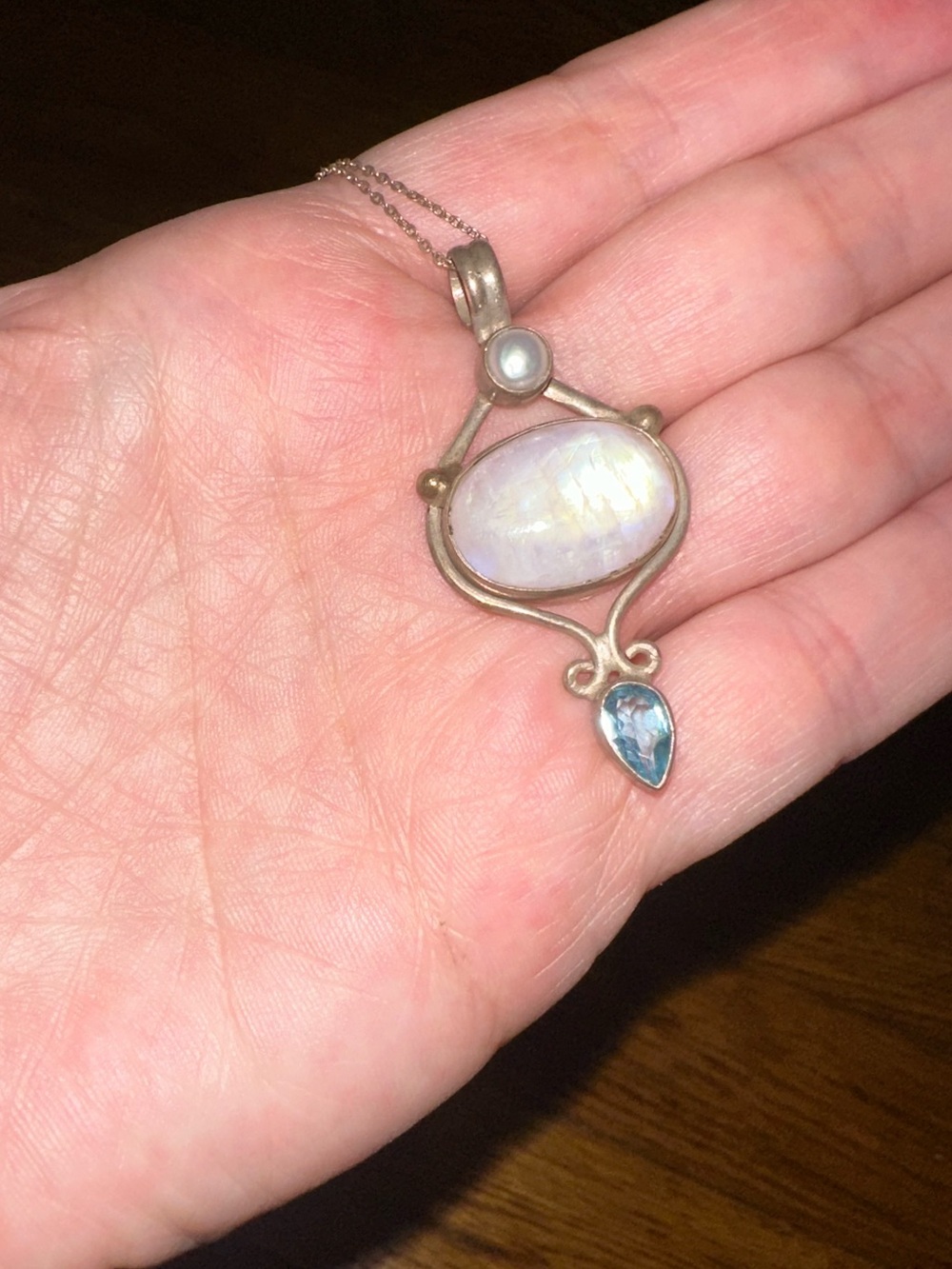 Sterling Silver Pearl, Moonstone, and Blue Topaz Pendant Necklace 18” chain